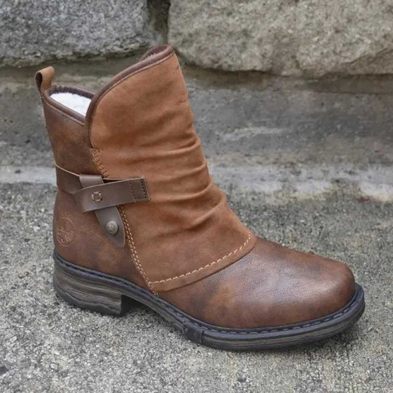 European And American Round Toe Thick Heel Short Boots Womens Motorcycle Boots Plus Velvet Snow Boots 2025 Z250303