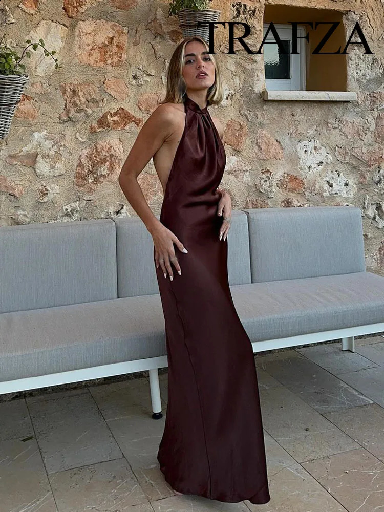 TRAFZA Summer Fashion Women Dress Solid Sleeveless Backless Bow Decoration Zipper Female Elegant Slim Long Dresses 5 Color 250228