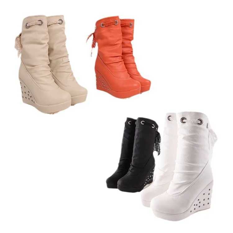 Womens rubber boots luxury designer round toe wedge shoes rain red fashionable high heels mid calf womens mid calf solid fabric Lac Z250303