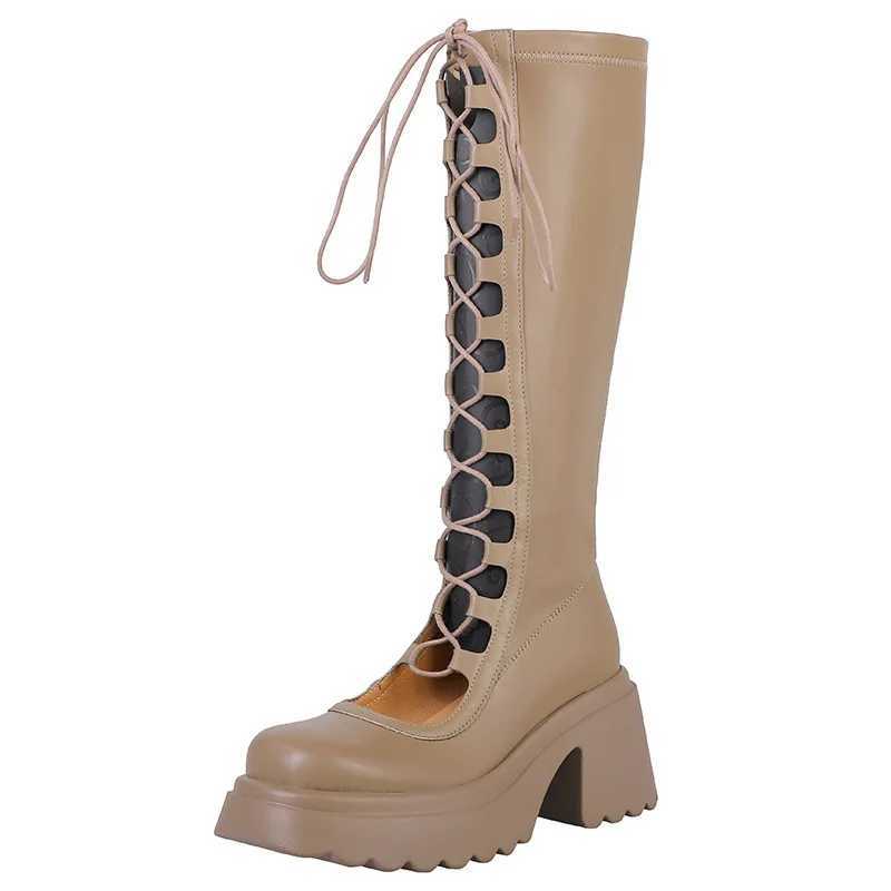 2024 New Knight Boots Womens High Barrel Boots Thick Sole Women Platform Shoes Brown Long Boots Z250303
