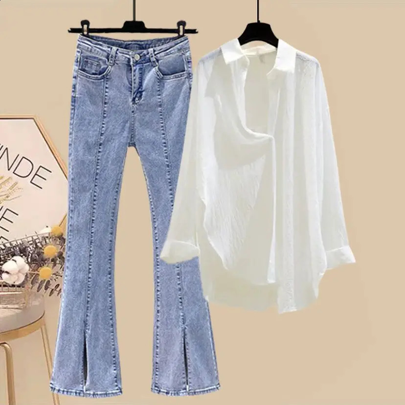 Womens Set SpringSummer 2023 Korean Fashion Slim Tank Top Casual Shirt Micro Flare Pants Three Piece 250225