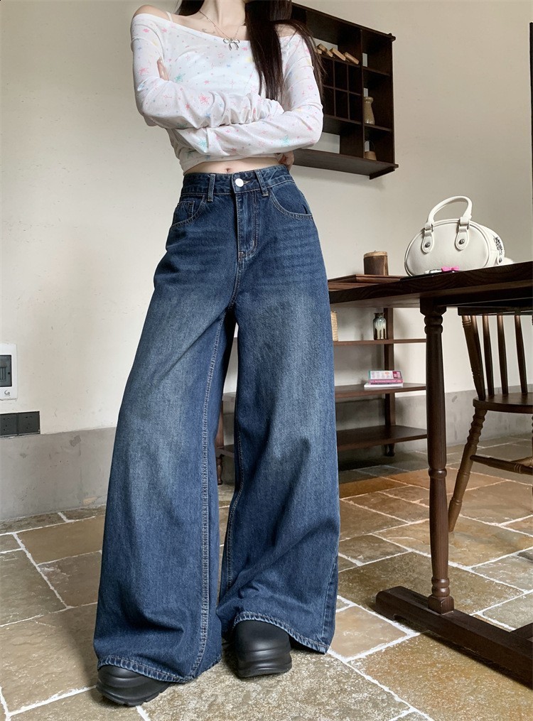 American washed wide leg jeans for women high waisted loose fitting straight leg pants with a hanging sensation floor length pants 250120