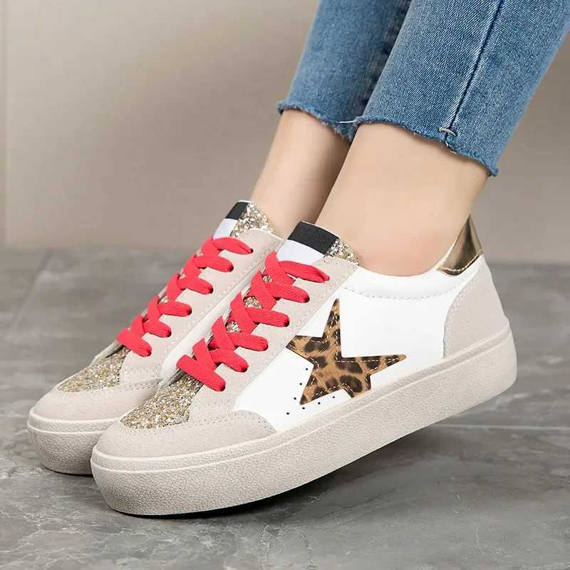 Womens Fashion Leopard Print Casual Sneakers With Sequins Stars Decor Black Thick Bottom Lightwear Fashion Woman White Shoes 41 M250303