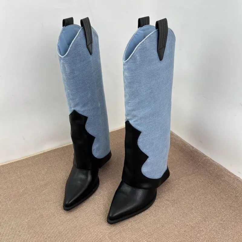 FHC 2024 New Women Knee High Pants BootsWinter ShoesWestern Cowboy BootsPointed ToeBlackBlueStockDropship Z250303