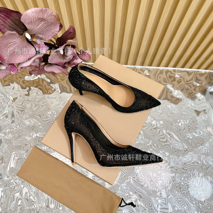 GR version mesh hot stamping 2025 early spring new style gradient diamond pointed thin heel shallow mouth single shoe