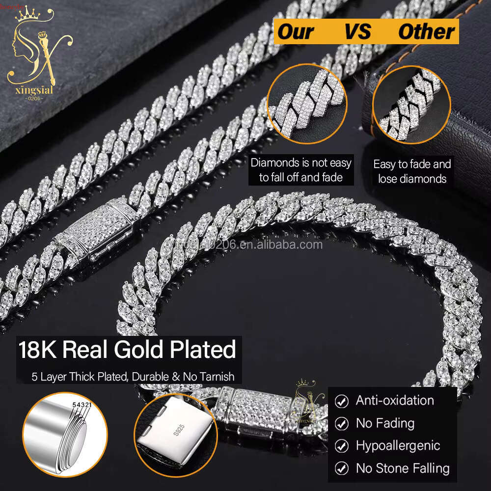 Hiphop Jewelry Men Women Necklace Sier Gold Plated Iced Out 8mm Dia Moissanite Cuban k Chain