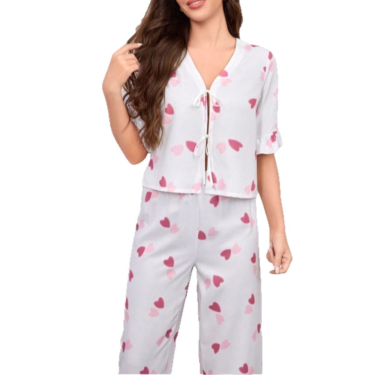 B745-Thin chiffon women's home clothes spring and autumn tie-up long trousers heart print simple ladies pajamas