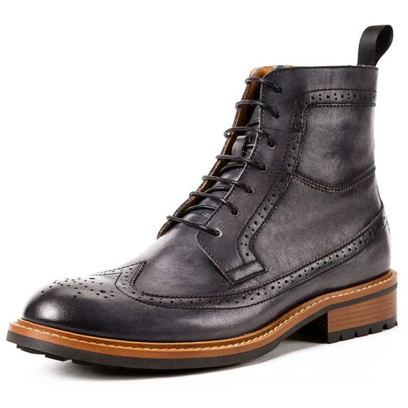 Handmade Men Chelsea Boots Winter Brogue Shoes Luxury Genuine Leather Comfortable Ankle Flat Quality Brown Lace up Male Boots Z250303
