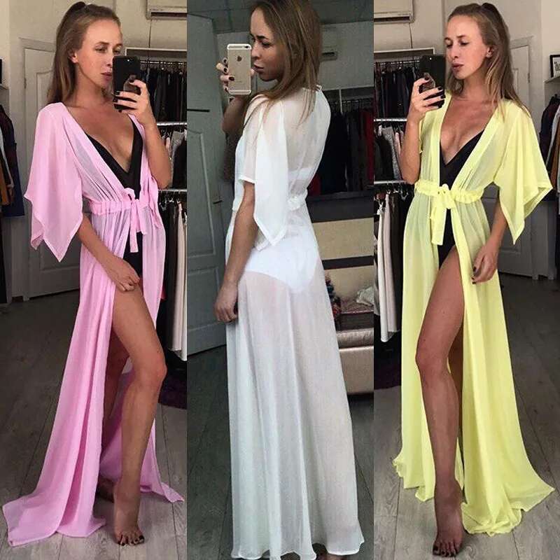Summer Designer Women s New Sunshade Sexy Bikini 2025 Chiffon Long Solid Color Dress Women s Outdoor Swimsuit Beach Waist Coat