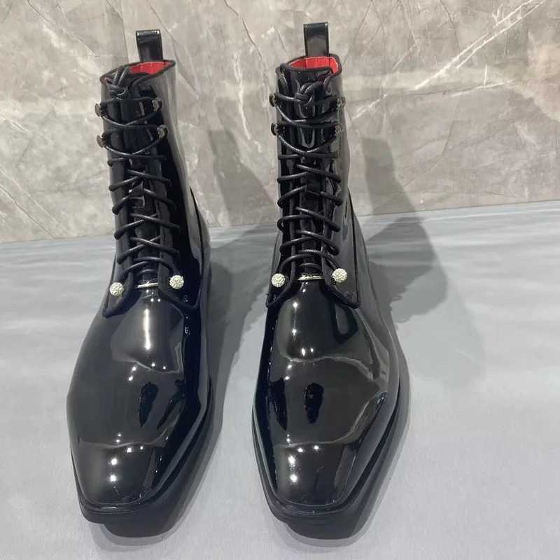 British Style Black Patent Leather Boots Mens shoes Luxury Fashion Lace-up Ankle Boots Men Dress Shoes Autumn Winter Mens Boots Z250303