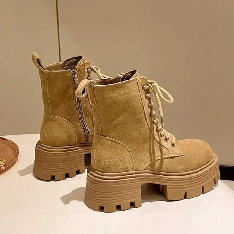 Laces Ankle Boots Women Fashion Leather Suede Platform Boots Side Zipper Design Short Boots British Style Ladies Snow Boot Z250303