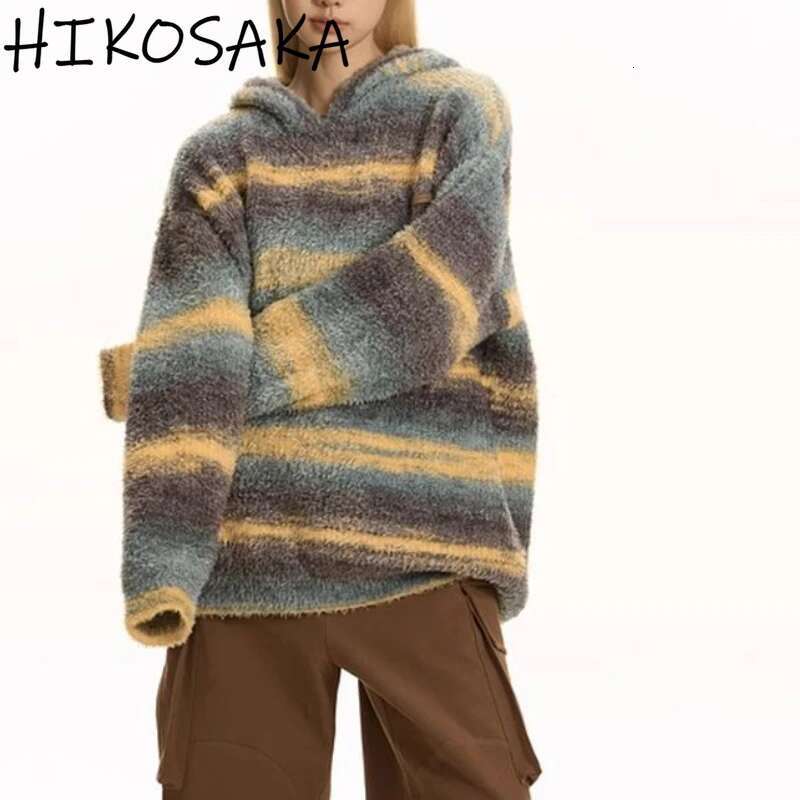American Vintage Striped Gradient Hooded Sweater All-match Loose Long Sleeve Pullovers Autumn Winter Warm Casual Haruku Jumper