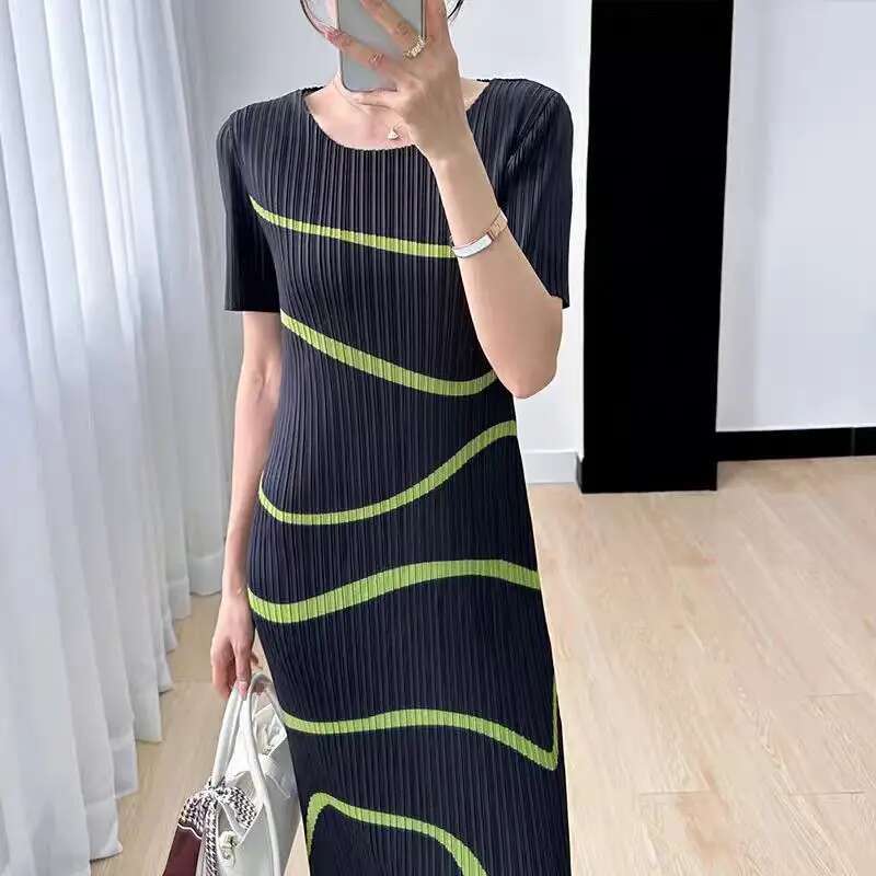 MIYAKE Pleated Dress Ladies Irregular Striped Japanese Design Elegant Casual Loose Short Sleeve Long Skirt Summer 2024 New