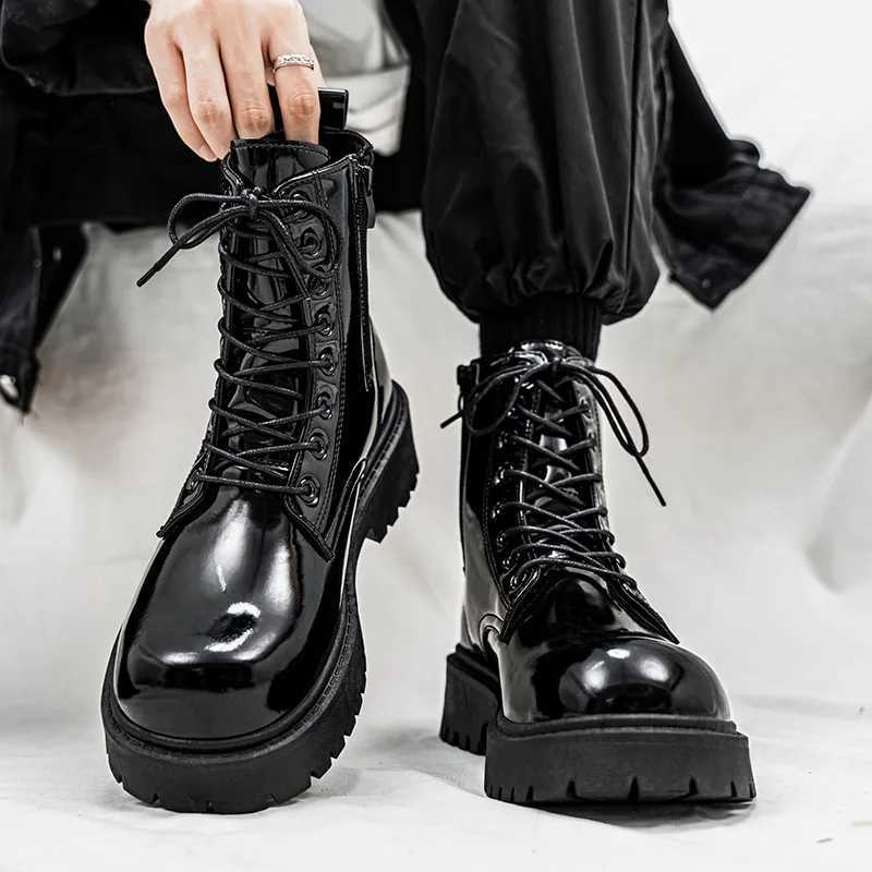 Classic Fashion Glitter Leather Black Boots for Men Comfortable Height-increasing Platform Boots Big Size 46 Lace-up Ankle Boots Z250303