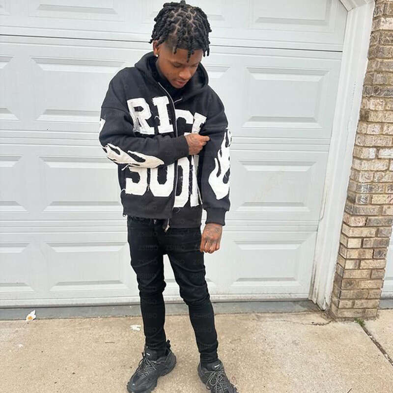 Autumn and winter letter sticker zipper cardigan casual personality trend high street hip-hop style hoodie