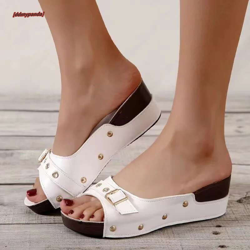 women Metal Buckle Women's Wedge Slippers 2023 Vintage Rivet Platform Sandals Woman Pu Leather Plus Size Summer Shoes 43 #ddmypanda
