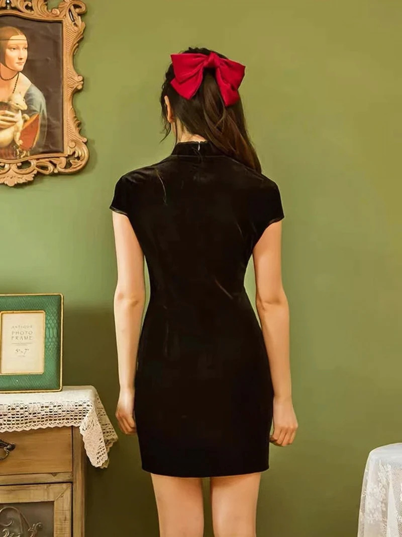 Cheongsam Velvet Women Dress Elegant Black Sexy Short Sleeve Button Casual Shopping Po Chinese Tight Fashion Summer 250227