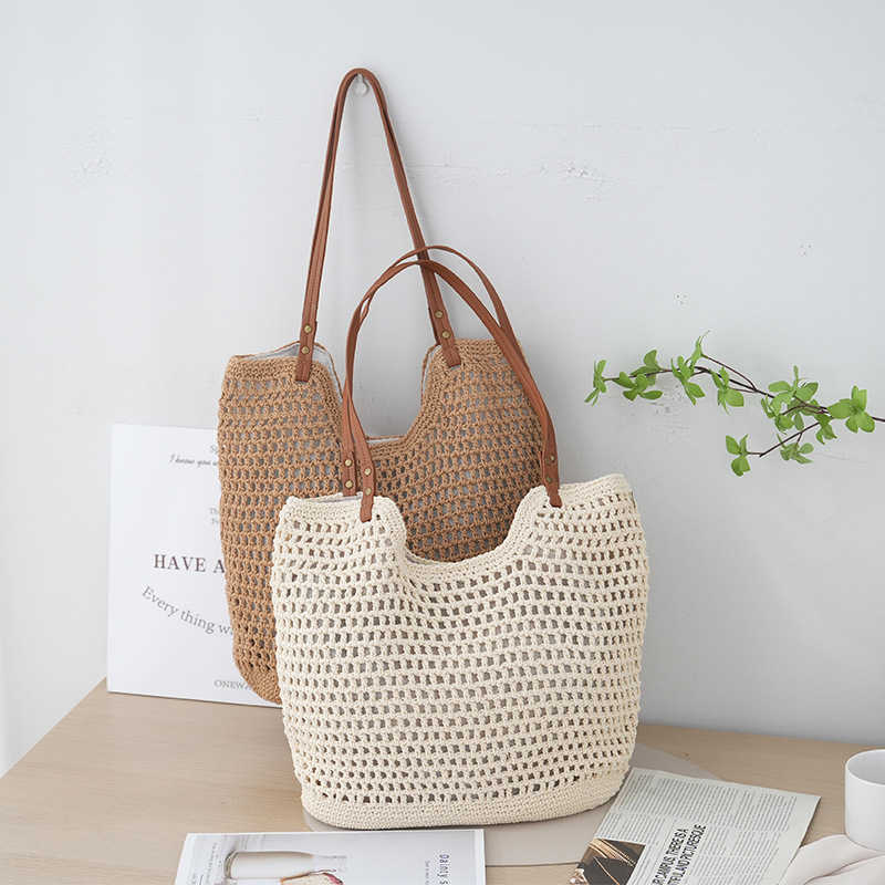 Beach vacation bag, women's bag, leisure hollow shoulder cotton thread woven bag, lazy style hand-held grass woven bag