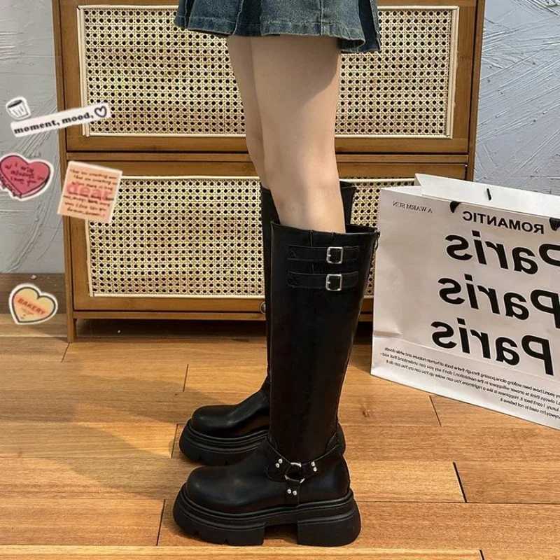 Denim Boots for Women Motorcycle Boots Brown Belt Buckle Round Head High Women Boots Ladies Platform Boot Shoes for Women Z250303