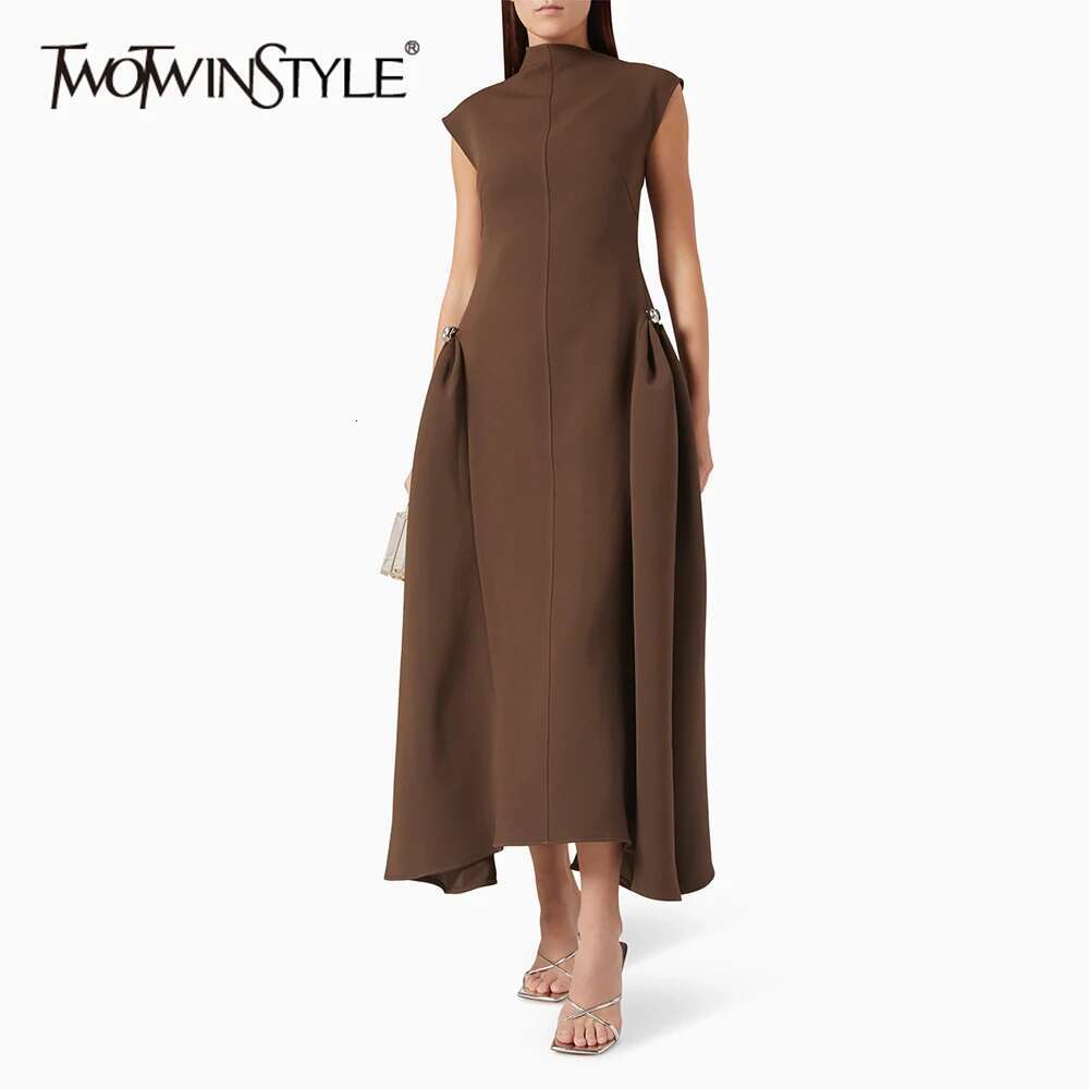 TWOTWINSTYLE Patchwork Folds Dresses For Women Asymmetrical Collar Sleeveless High Waist Solid A E Dress Female Fashion 2024