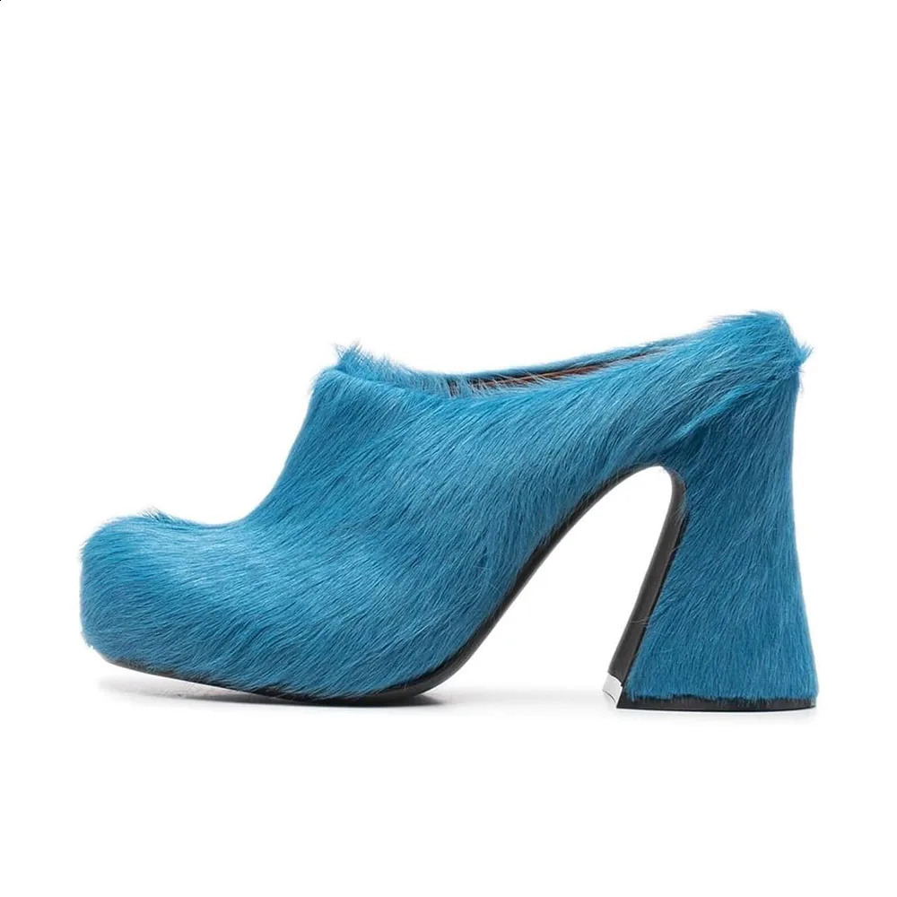 Arden Furtado Autumn Fur Mules Round toe Chunky heels Closed toe slippers Super high heel 250228