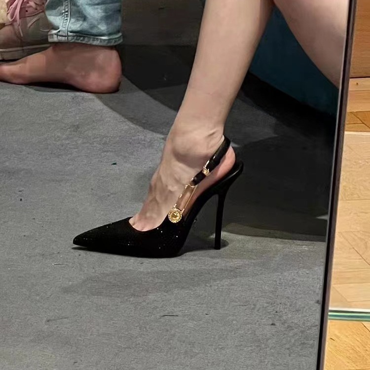 Black Rhinestone High For Women In 2023, New Pointed Thin Heels With Metal One Line Buckle, Socialite Banquet Headband Sandals