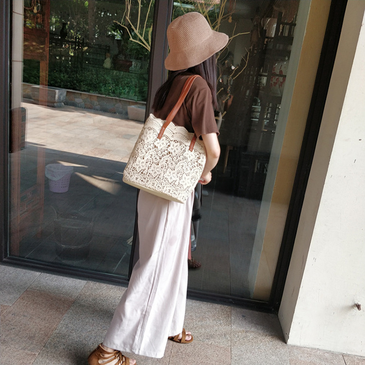 2025 new Korean version Sen series lace shoulder handbag women's shopping large capacity bucket bag women