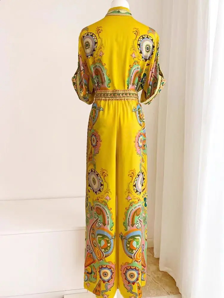 2024 Summer Fashion Womens Shirt Satin Flower Print Half Sleeve Single Breasted Blouse Wideleg Pants Twopiece 250225