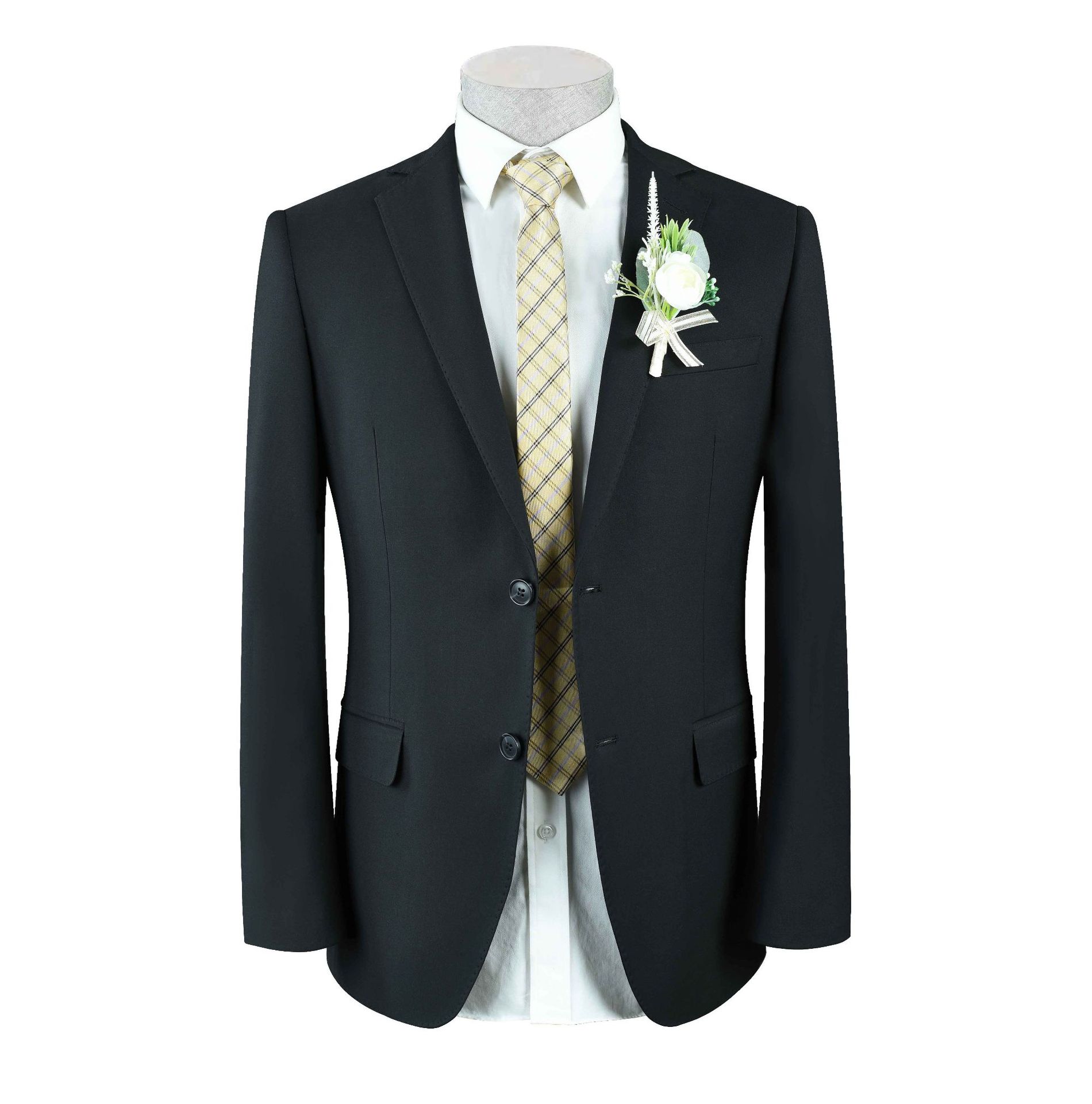 F32Elegant Men's Black Business Suit with Imitation Wool & Yarn Dyeing Technology