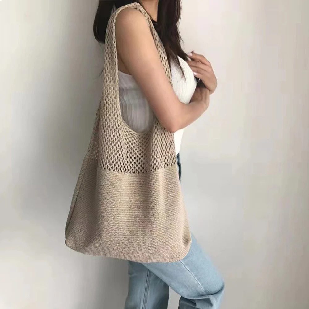 Crochet Solid Color Versatile Shoulder BagHollow Weaving Slouchy Stylish Tote BagTrendy Shopping BagHobo Bag Aesthetic 250227
