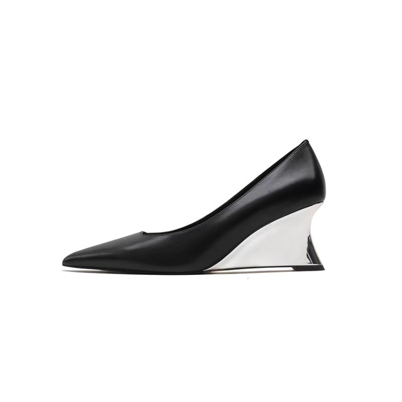 Lily liver French style socialite polished single women's 2024 new pointed toe wedge shallow mouth heel shoes