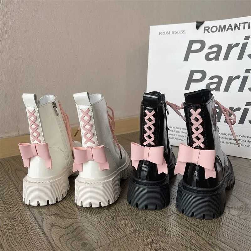 Boots For Women With Pink Bow Contrast Color Patent Leather Biker British Style Platform Ankle Boots Non-slip Thick Sole Shoes Z250303