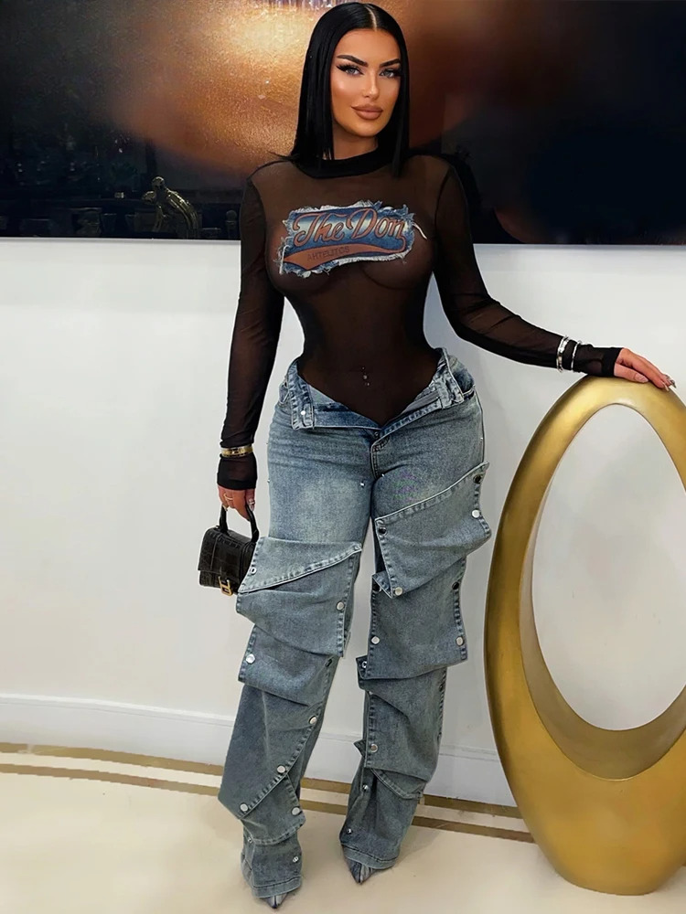 Fashion Straight Jeans Women's Detachable Button Decoration Denim Wide Leg Pants High Waist Hipster Streetwear Bottoms