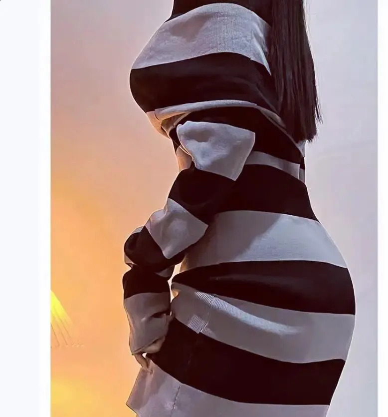 Womens Striped Mini Bodycon Dress Stripe BoatNeck Off Shoulder Long Sleeve Short Spring Autumn Wrapped Hip Party 250227Z