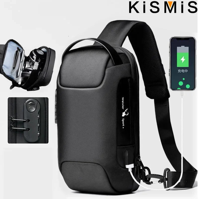 Ship from US Fashionable Mens Chest Bag Waterproof Crossbody Shoulder Travel with AntiTheft USB 250228FBB