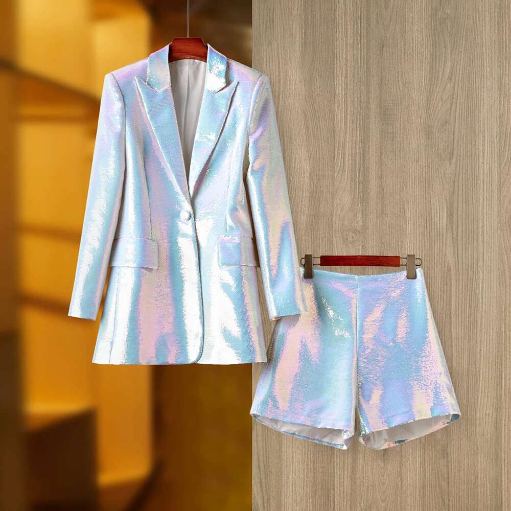 High Street Ladies Stunning Bg Sequined 2 Piece Shorts Set Singe Button Mid-Length Blazer Coat Slim Short Pants