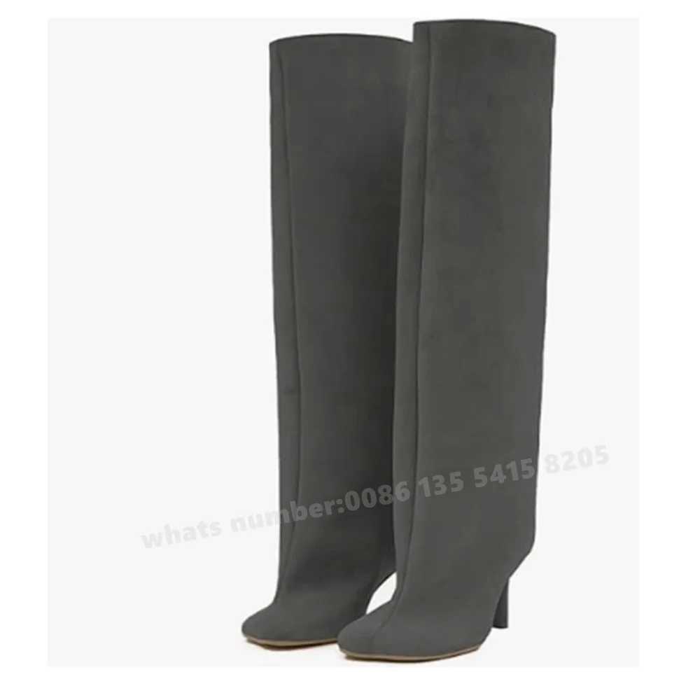 Suede Kitten Heels Knee High Boots Beige Square Toe Slip On Solid Winter Womens Boots Luxury New Designer Casual Shoes Big Size Z250303