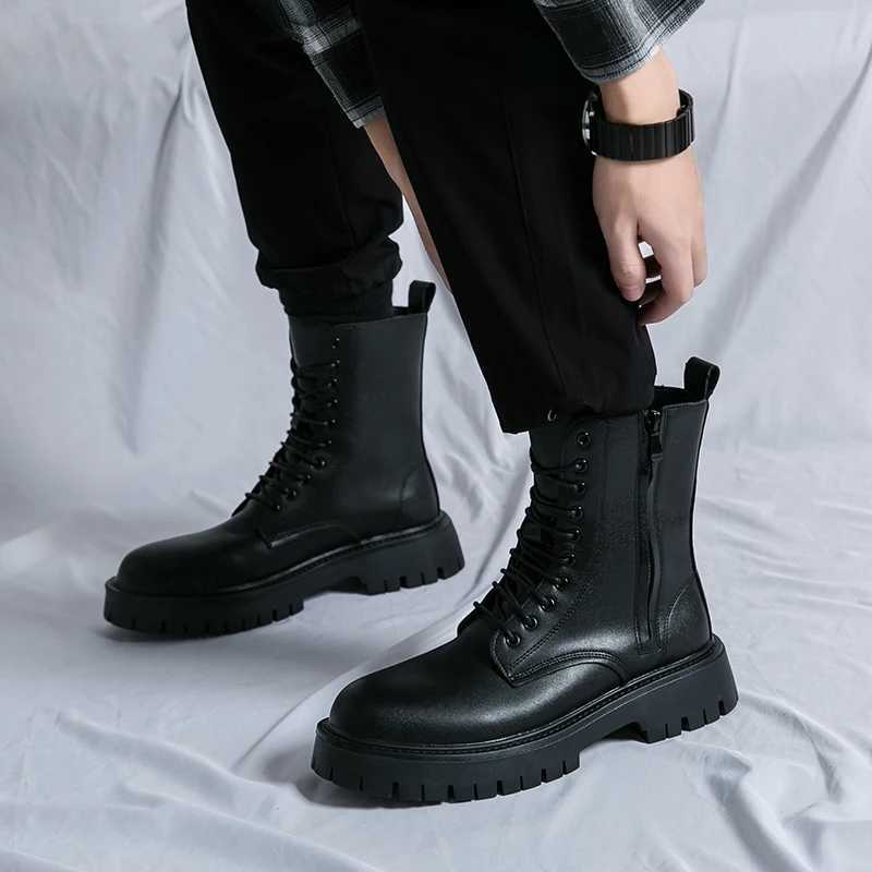 Black ankle mens lace up boots zipper Pu safety shoes motorcycle boots gray brown platform boots Z250303