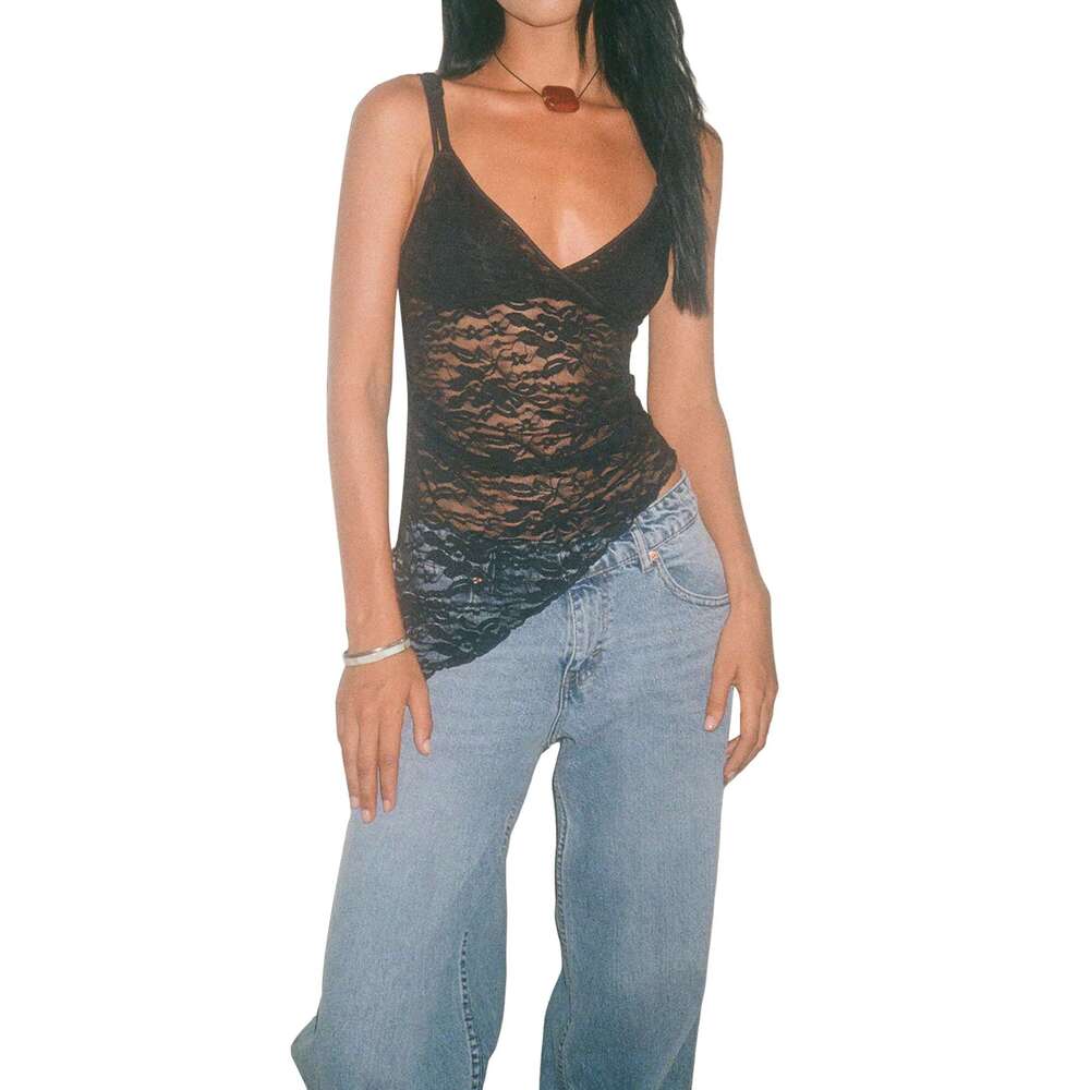 Contrast Women s ral Lace Camisole Sleeveless Irregular Ruffled Hem V Neck Crop Vest Shirt Mesh Sheer Tank Top