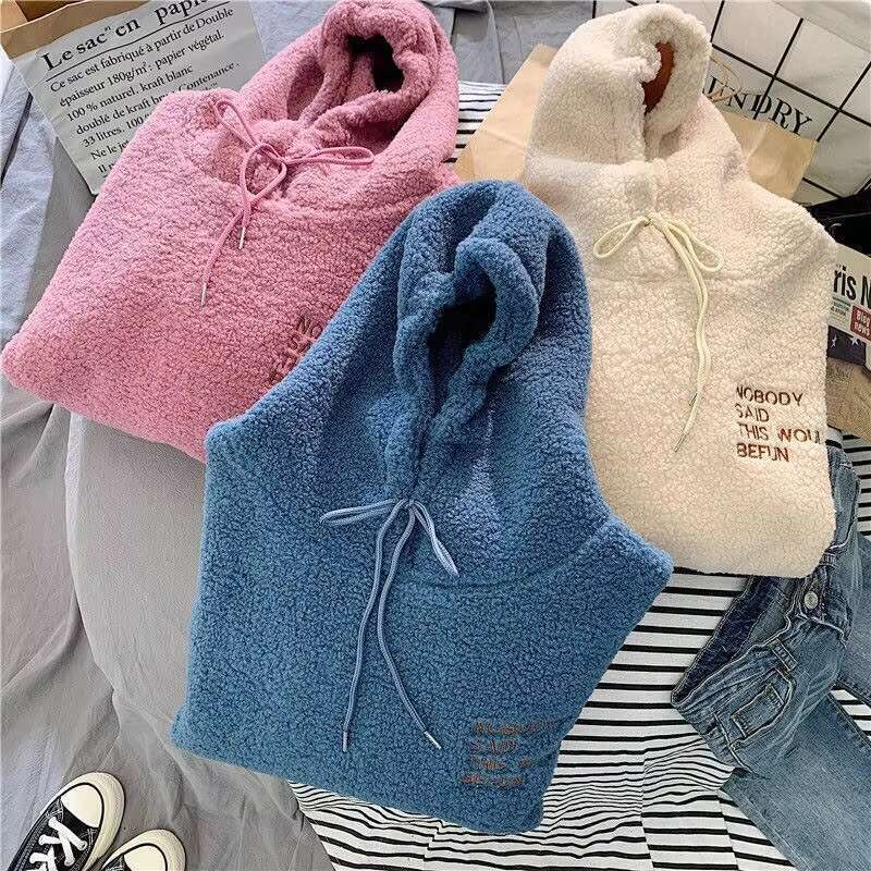 Thickened Sweatshirt Casual Solid Long Sleeve Loose Fit Tops Pullover Female Autumn Winter Women Hoodies