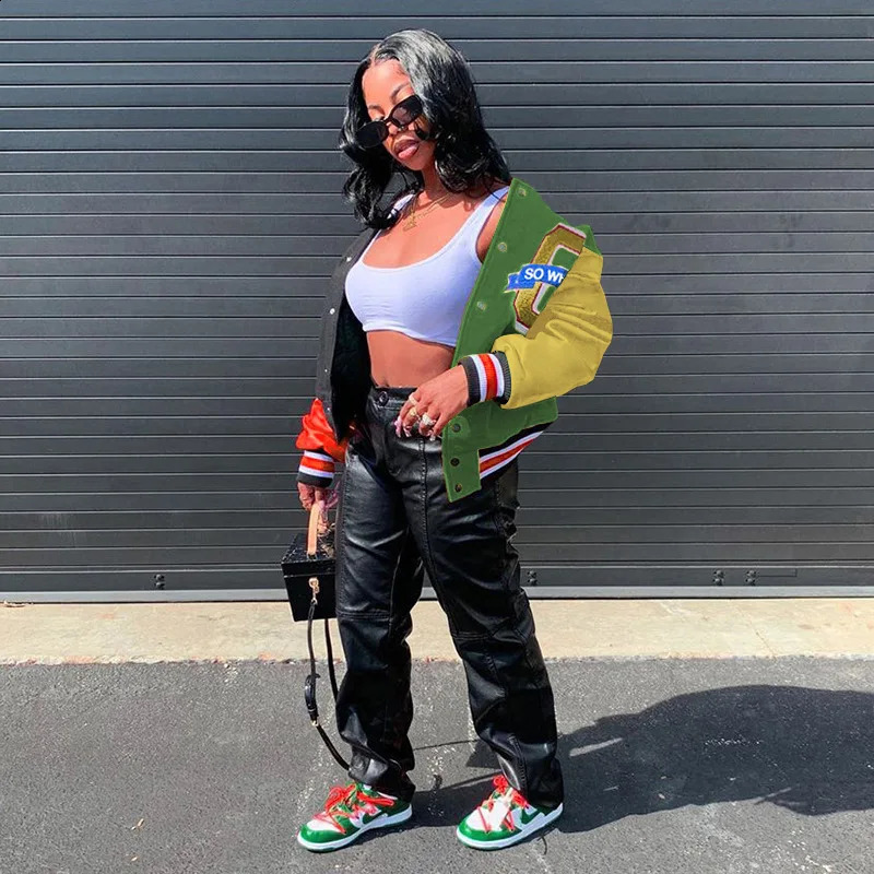 Fall Winter Print Patchwork Yellow Jackets For Women Long Sleeve Varsity Jacket Buttons Loose Baseball 250228