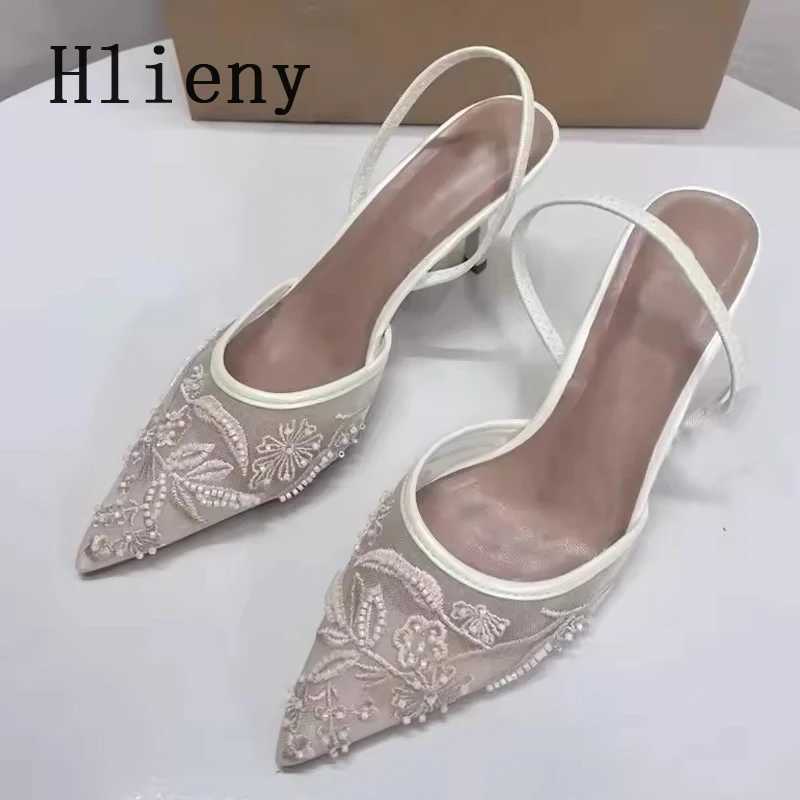 Hlieny Woman Designer Embroidery Flowers Mesh Pointed Toe White High Heels Mules Sandals Women Pumps Shoes Sexy Stilettos Woman Y250303