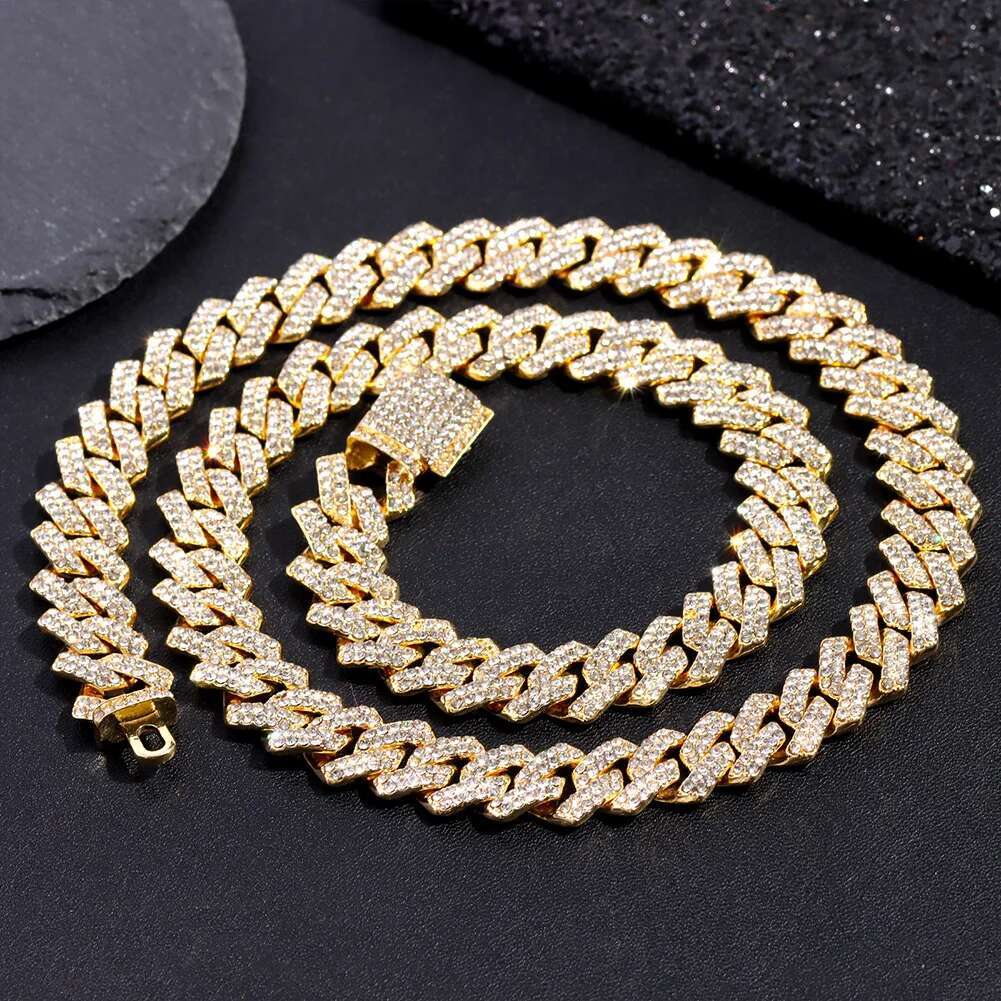 14MM Dia k Chain Men Women Iced Out 2 Row Rhie Paved Rhombus Prong Cuban Necklaces Hip Hop Jewelry