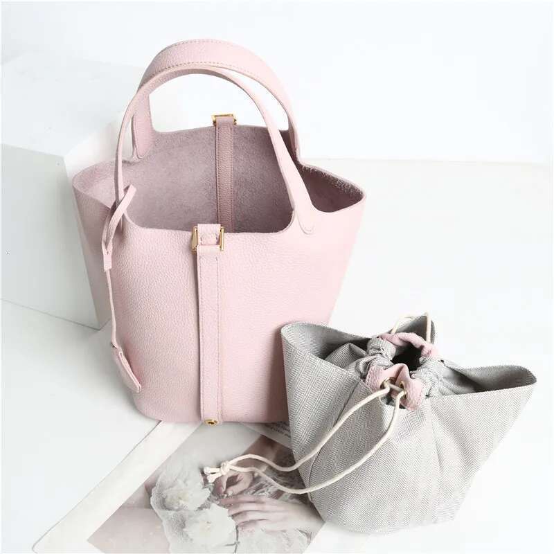 New Women's Basket Genuine Leather Underarm One-Shoulder Handbag Small Tote Inside Crossbody Bucket Bag