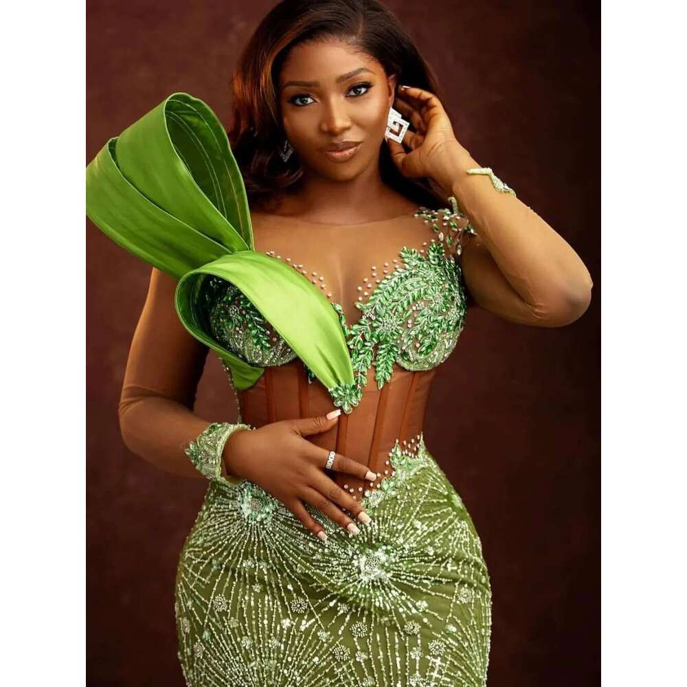 Sexy Mermaid Evening Dress Beaded Crystal O Neck 3D Prom Gowns Beading Long Sleeve Sweep Train Formal Dresses Customized