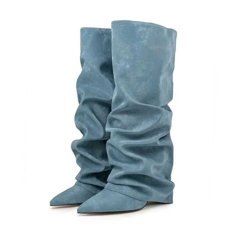 European and American Fashion Wedge Sheepskin Pattern Sleeve Knee High Pleated Boots for Womens Sexy Leopard Print Boots Z250303
