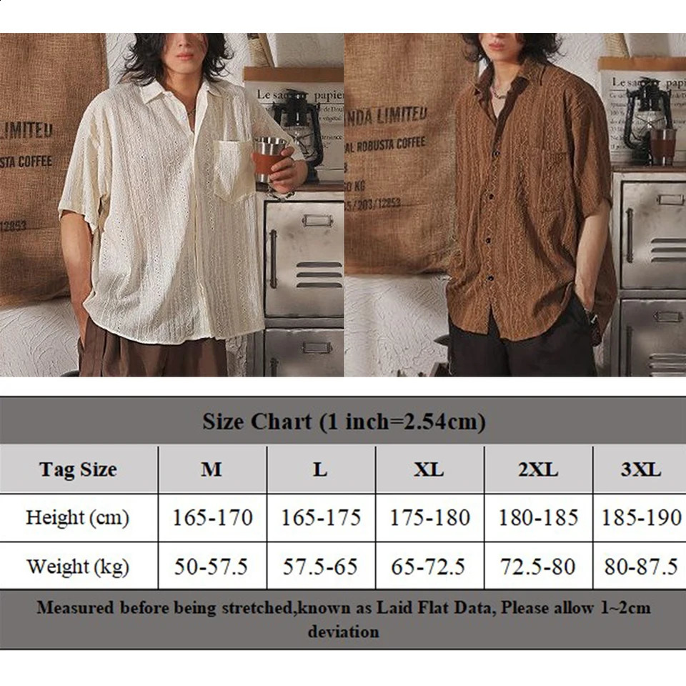 Mens Casual Loose Hollow Out Short Sleeve Shirts with pockets Retro Fashion Vacation/Daily All-Match Tops Solid Color 250224