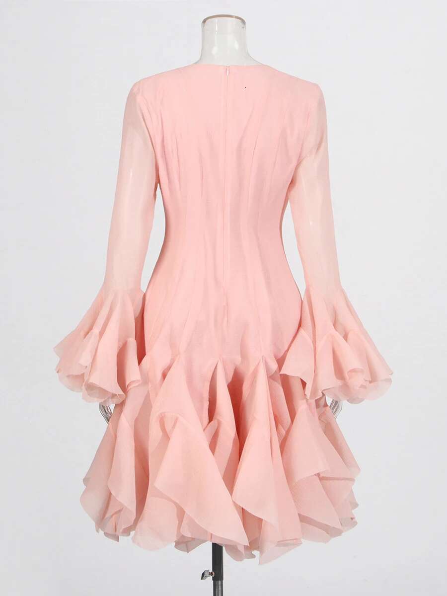 TWOTWINSTYLE Pink Patchwork Ruffle For Women Round Neck Flare Sleeve High Wait Slim Elegant Midi 107Cm Dress Female 2025