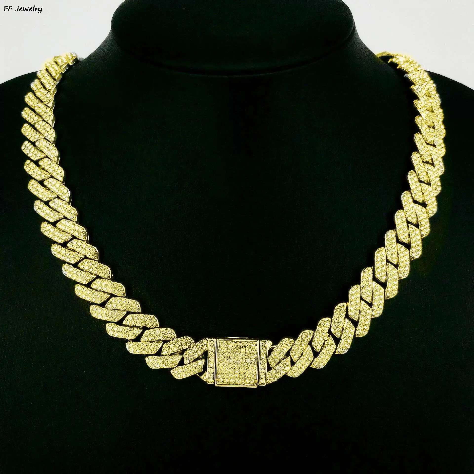 15mm Cuban k Chain For Men Siery/Golden Iced Out Rhie Miami Necklace Choker for Women with Box Clasp Hip Hop A+++