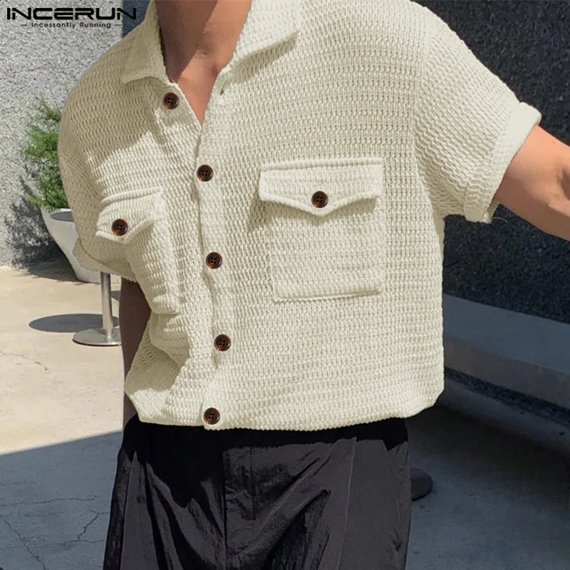Stylish Streetwear Style Tops INCERUN Mens Mesh Hollow Double Pocket Shirts Casual Solid Short Sleeved Blouse S-5XL 250224